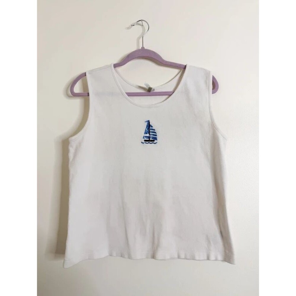 White Stag Women’s White Sequin Sailboat Sleeveless Tank Size XL 16/18 Cropped